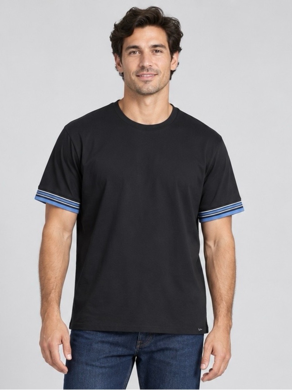 Ben Sherman Black Crewneck T-Shirt with Blue Sleeve Stripe